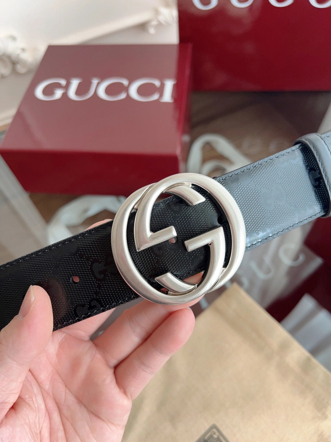 Gucci Premium Leather Belt with Silver Interlocking G Buckle