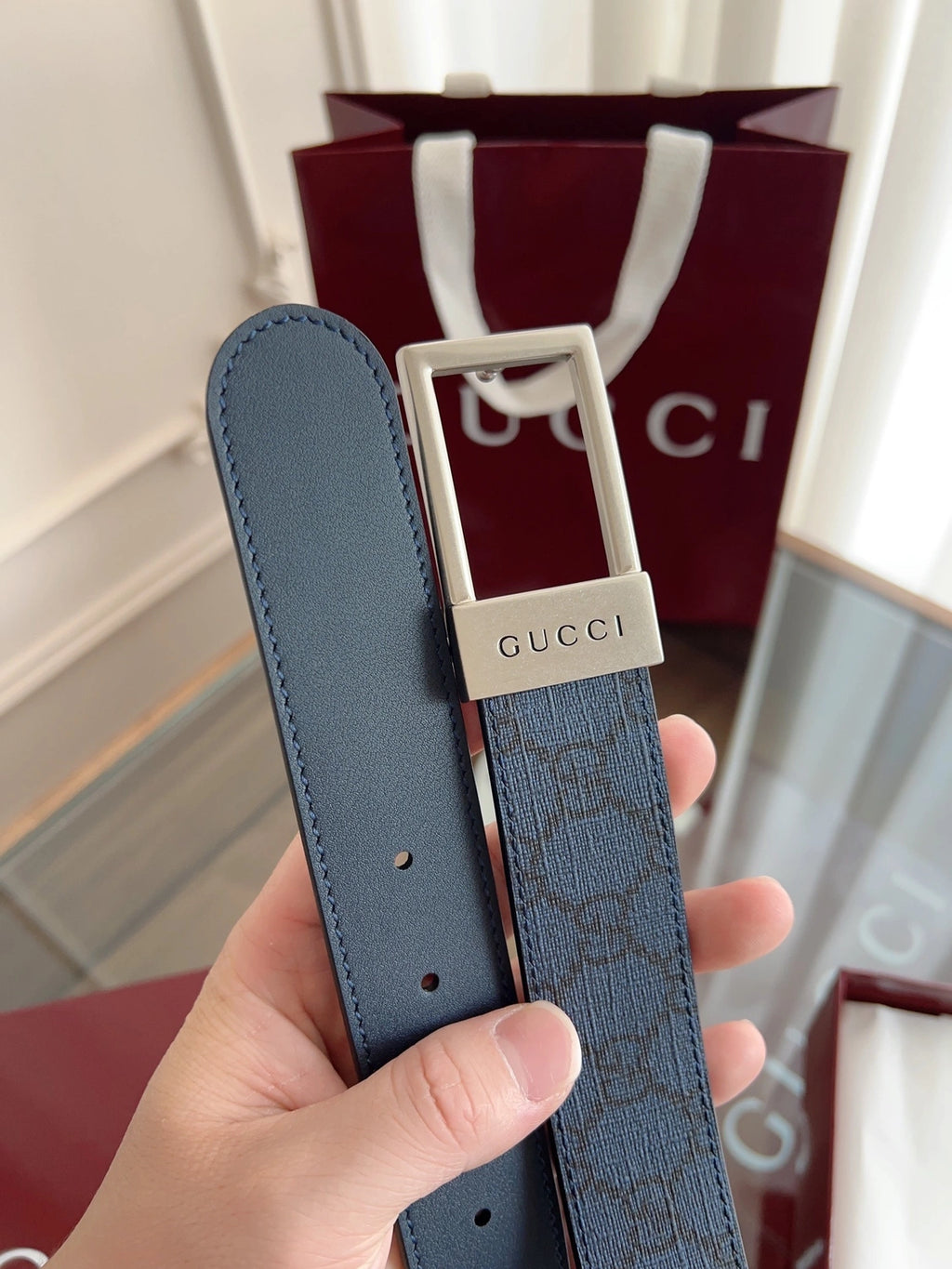 Gucci Premium Leather Belt Blue GG Pattern