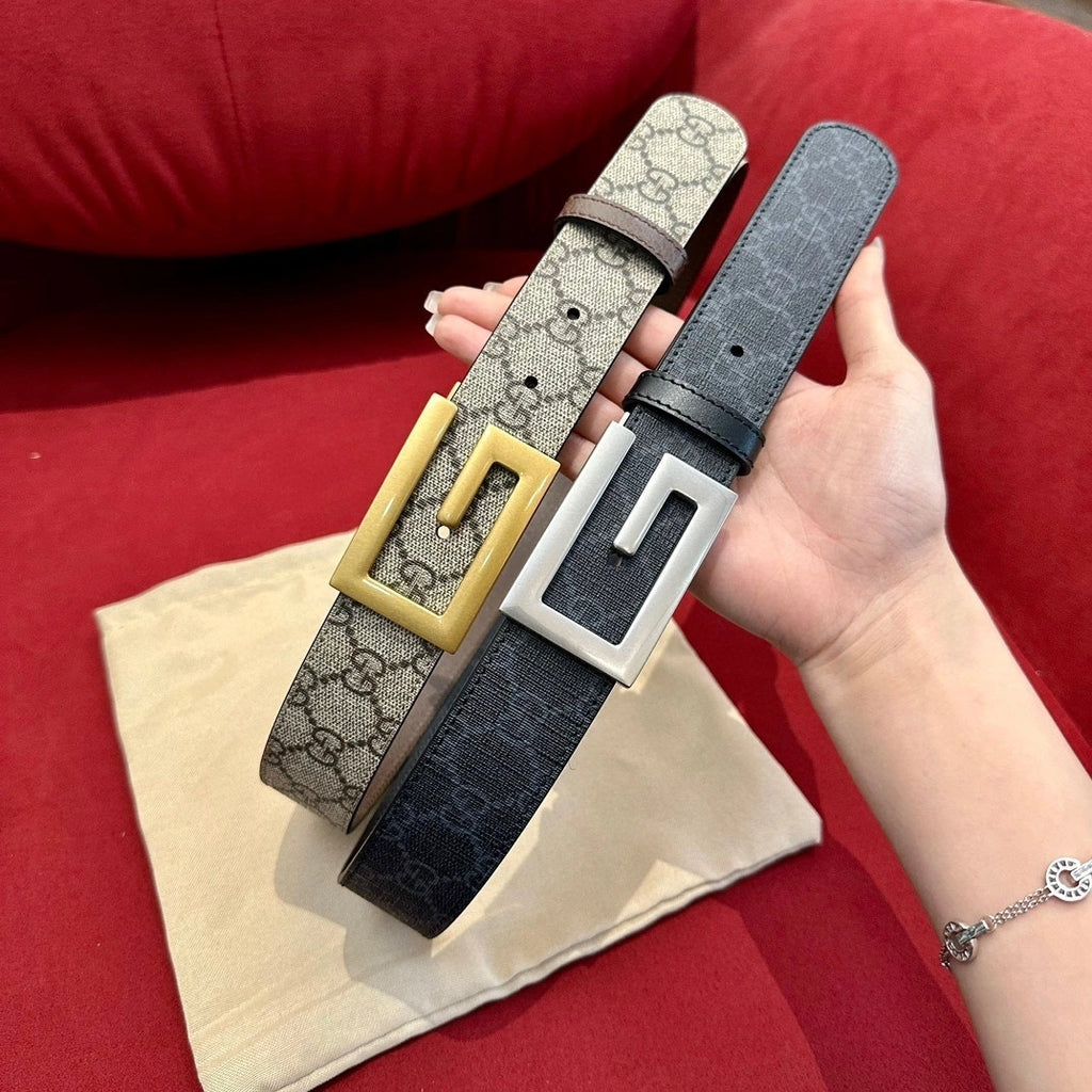Two premium designer belts, one brown and one black, with iconic buckle designs.