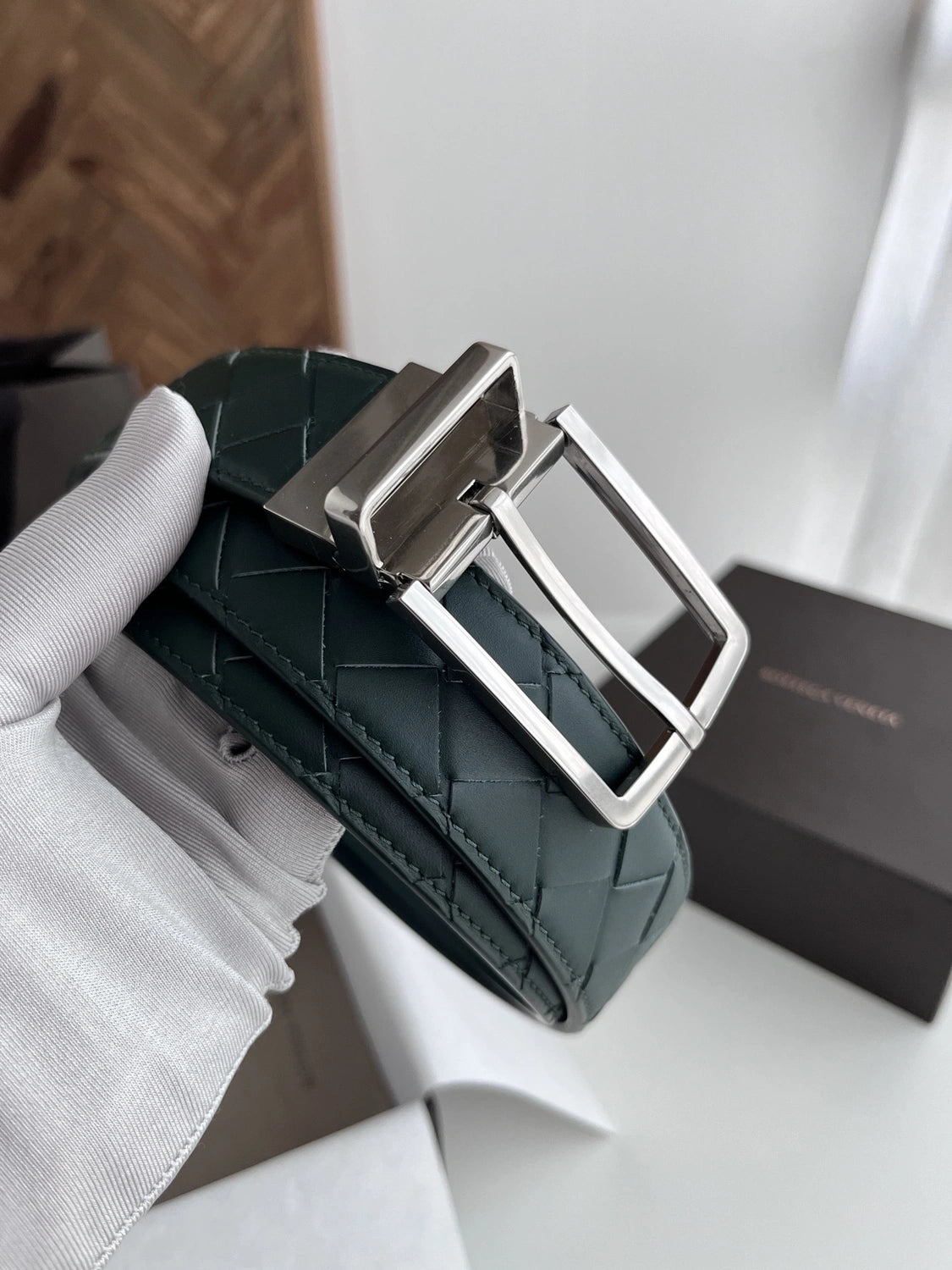 Premium Woven Dark Green Leather Belt with Silver Buckle