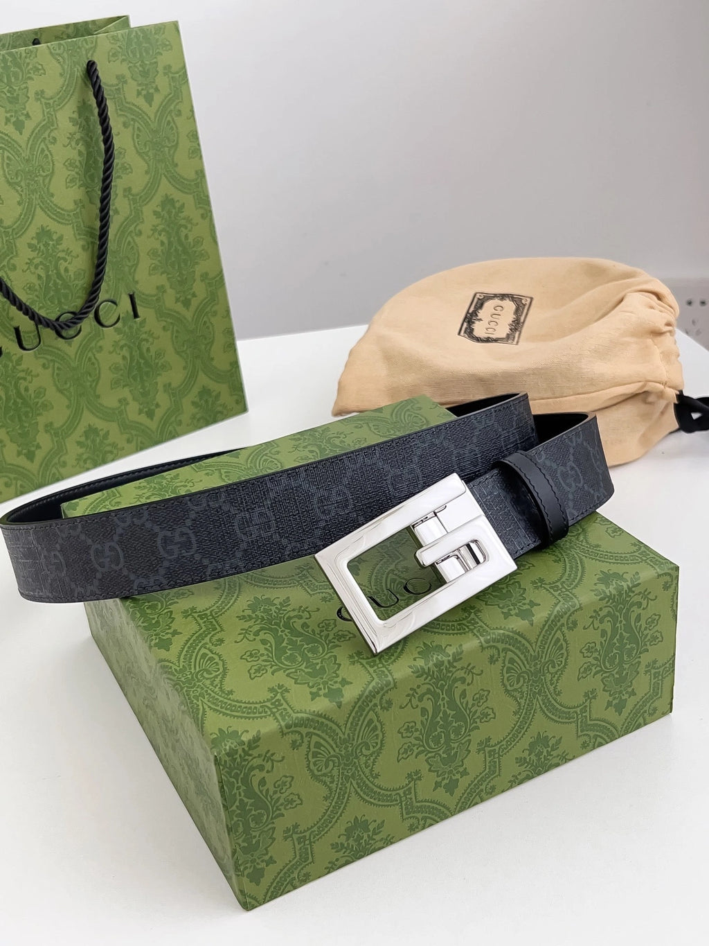 Gucci Black GG Supreme Belt with Silver Rectangular Buckle