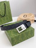 Gucci Black GG Supreme Belt with Silver Rectangular Buckle