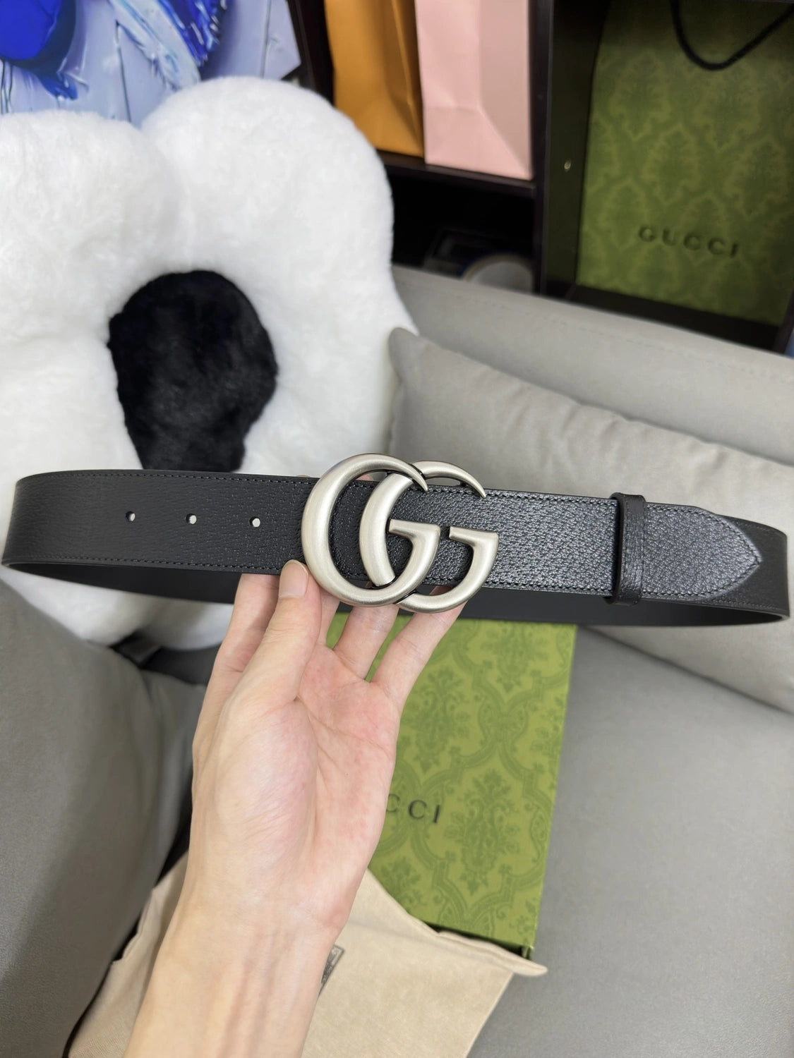 Premium Black Leather Belt with Silver GG Buckle