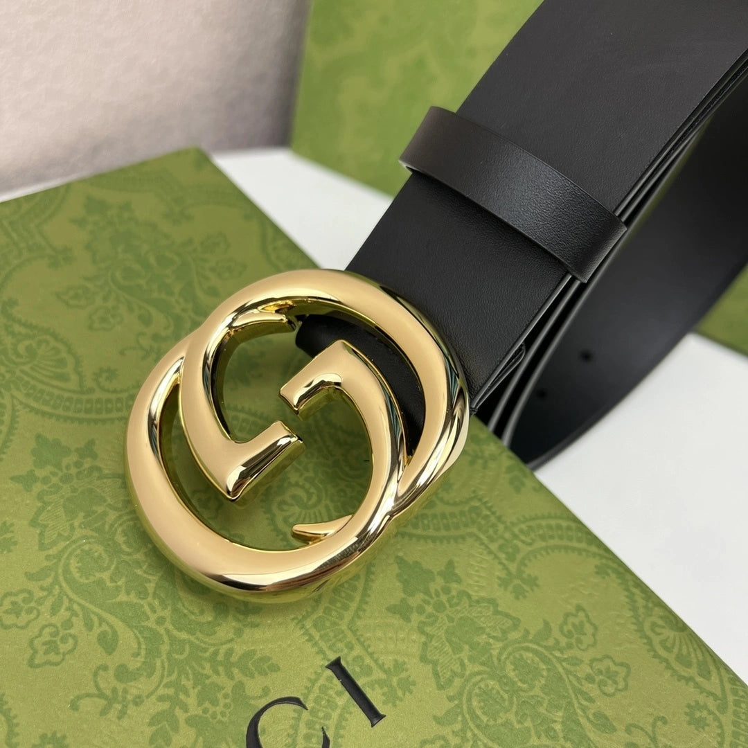Premium Black Leather Belt with Gold GG Buckle