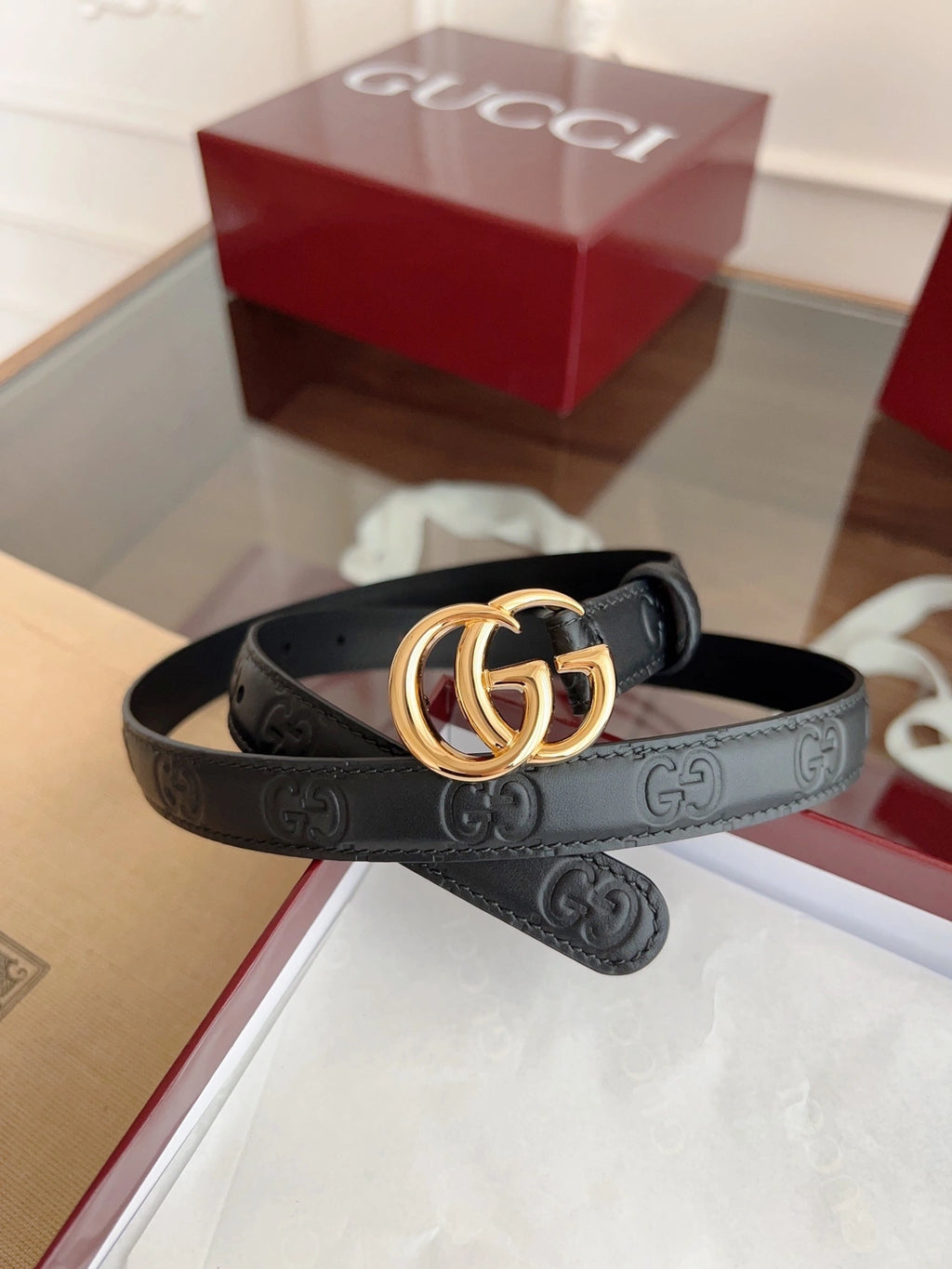 Premium Black Leather Belt with Gold GG Buckle