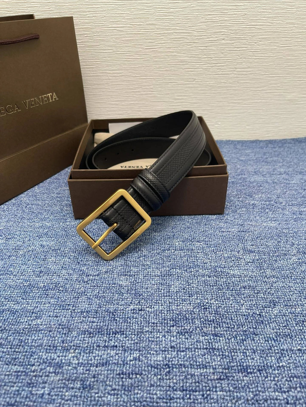 Bottega Veneta Premium Leather Belt with Gold Buckle