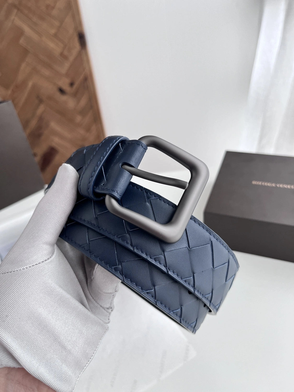 Premium Woven Leather Belt Navy Blue