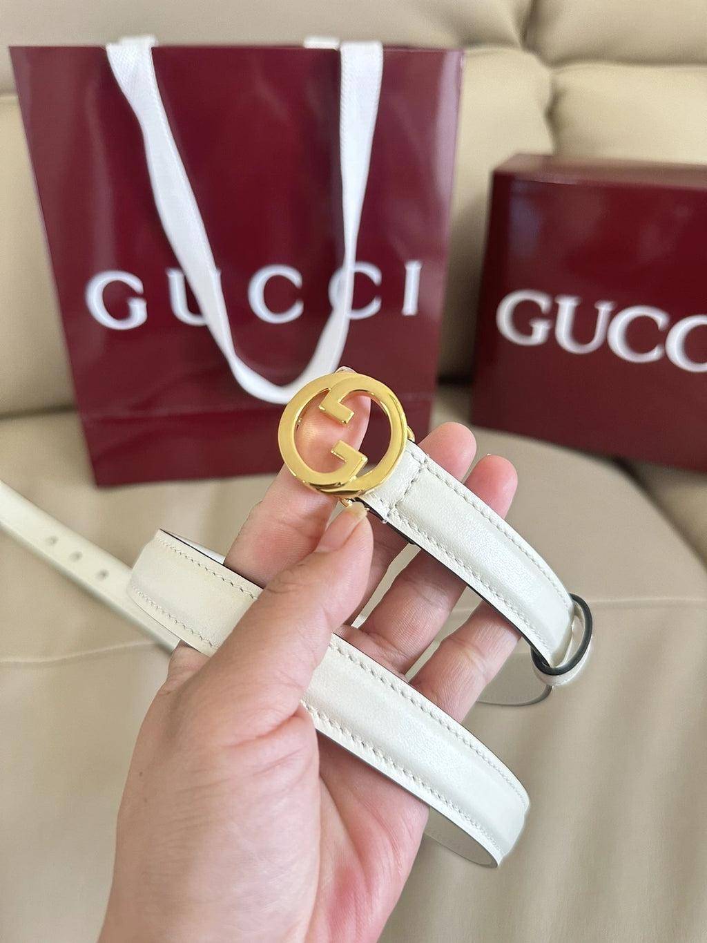 Ivory Leather Belt with Gold Gucci Inspired Buckle