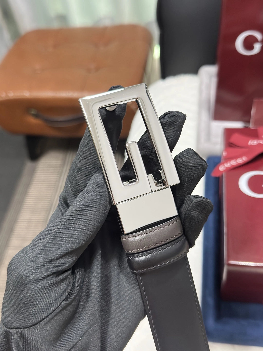 Gucci Reversible Leather Belt with Silver Buckle