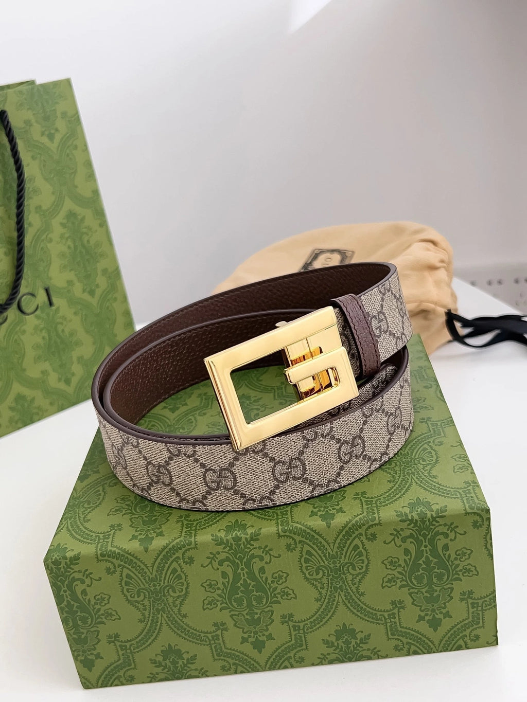 Gucci Monogram Belt with Gold Buckle