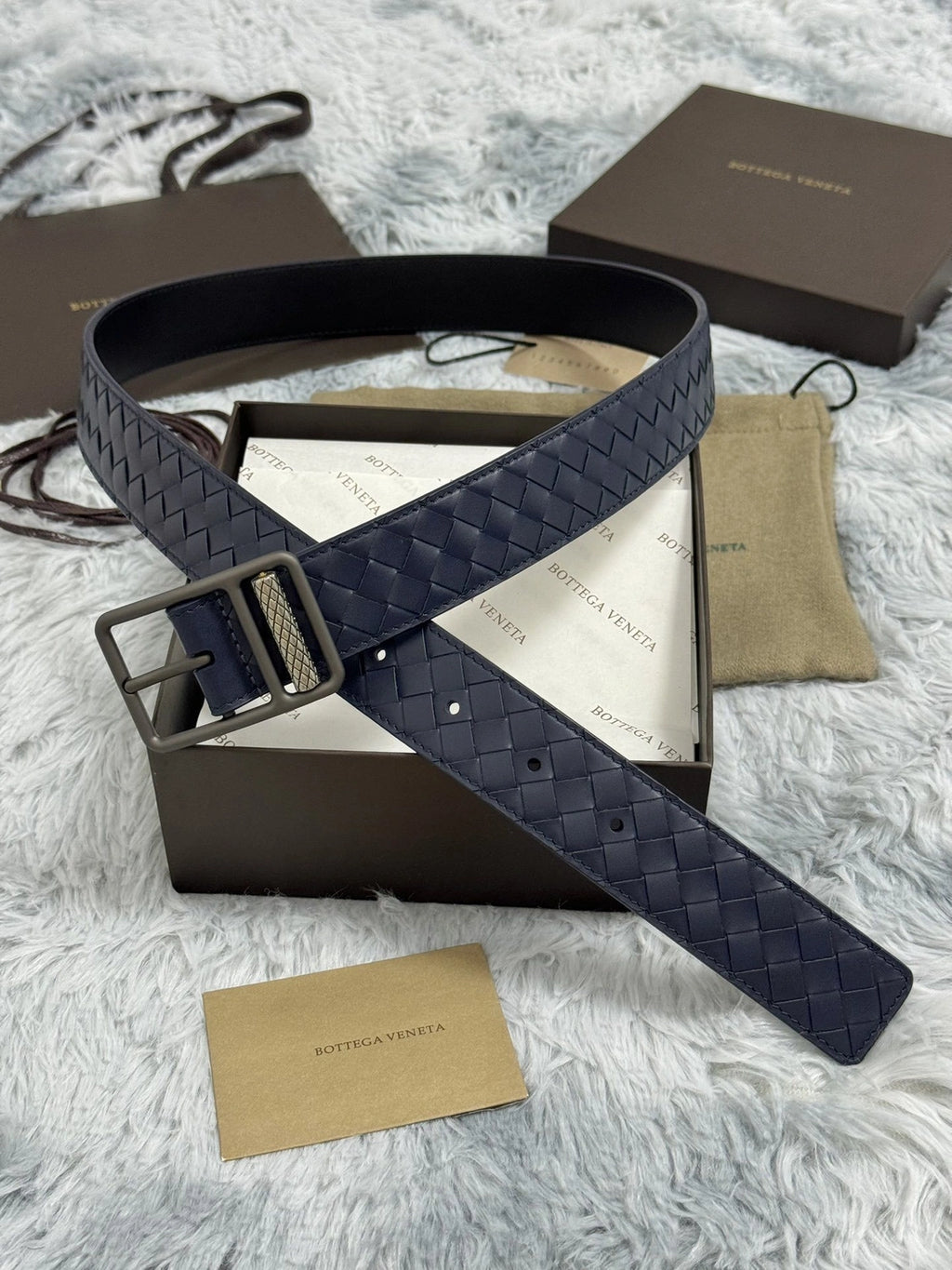 Bottega Veneta Navy Blue Woven Leather Belt