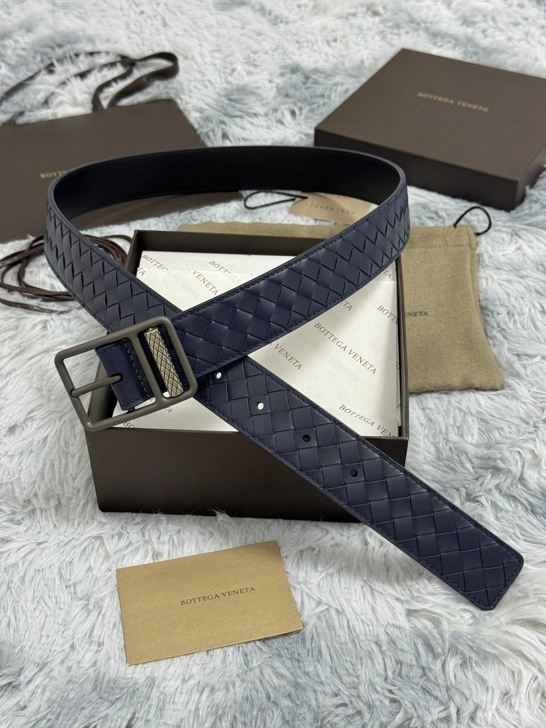 Bottega Veneta Navy Blue Woven Leather Belt