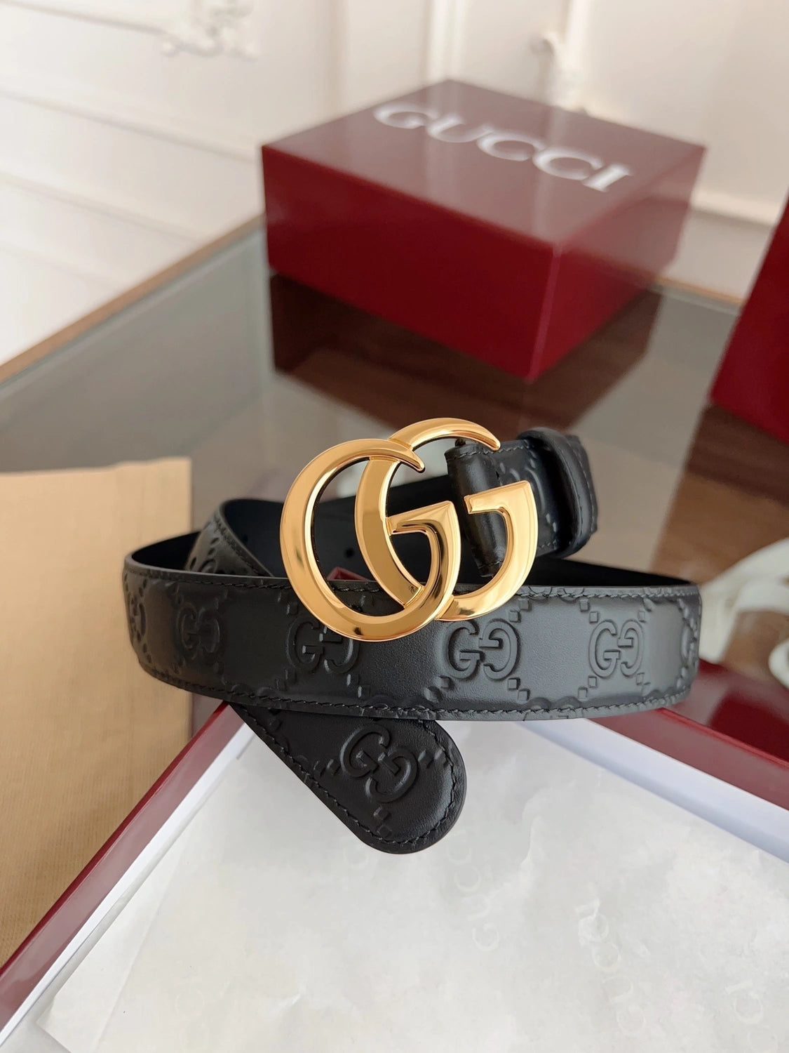 Premium Black Leather Belt with Gold GG Buckle
