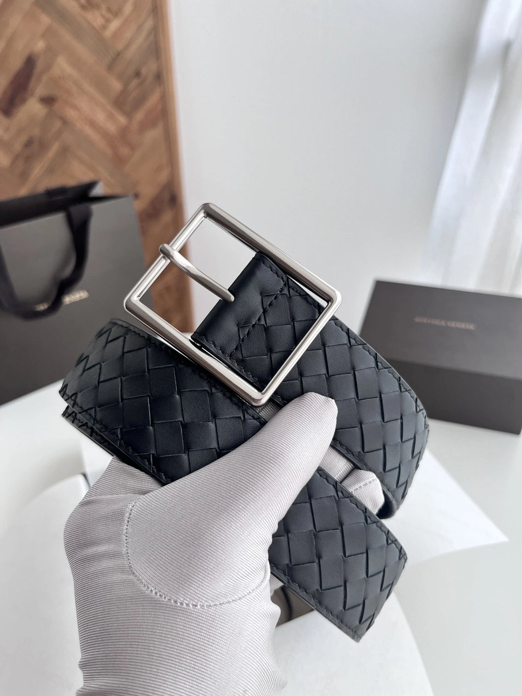 Premium Woven Black Leather Belt with Silver Buckle