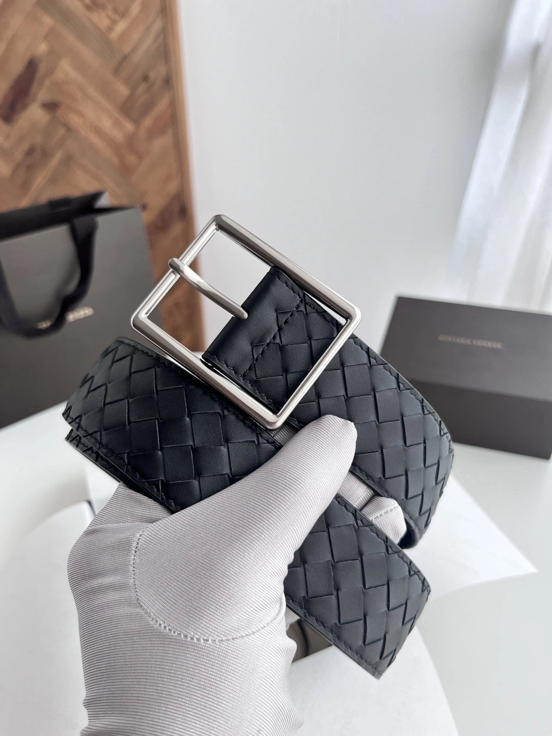 Premium Woven Black Leather Belt with Silver Buckle