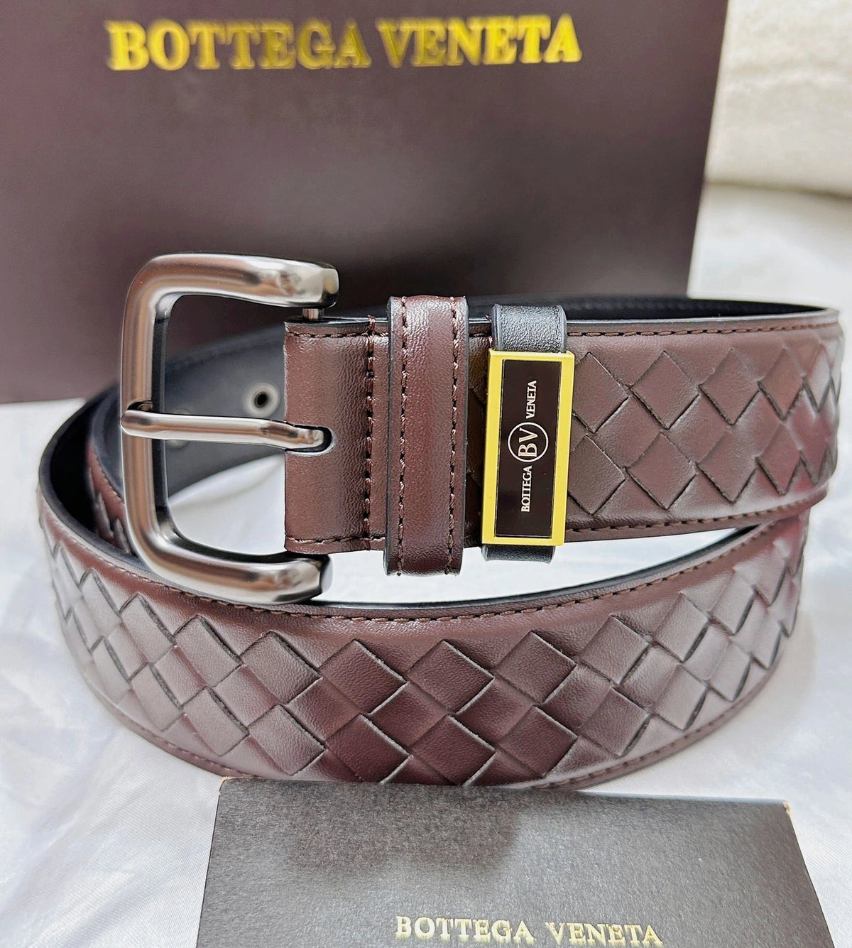 Bottega Veneta Premium Leather Belt with Woven Design in Brown