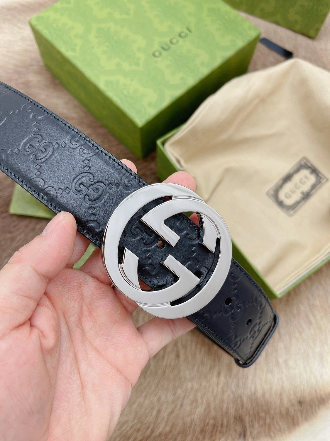 Gucci Interlocking G Black Leather Belt