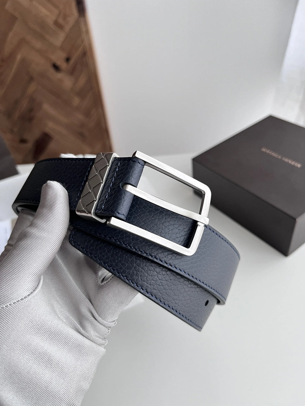 Premium Navy Blue Leather Belt with Silver Buckle