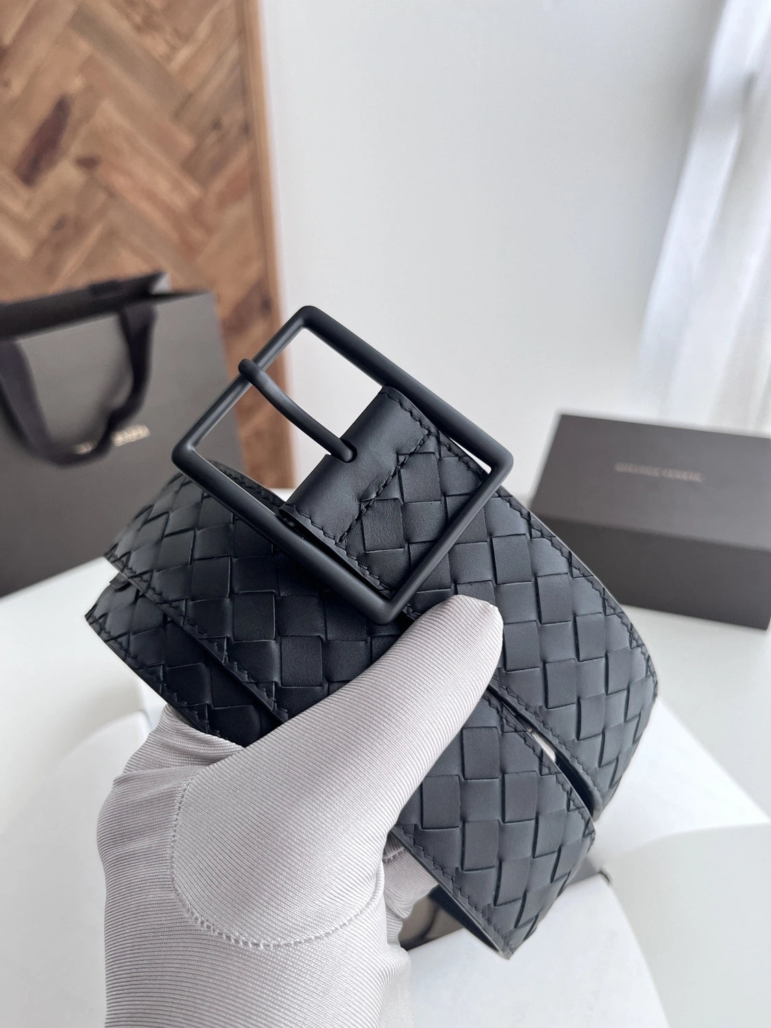 Premium Black Woven Leather Belt with Matte Black Buckle
