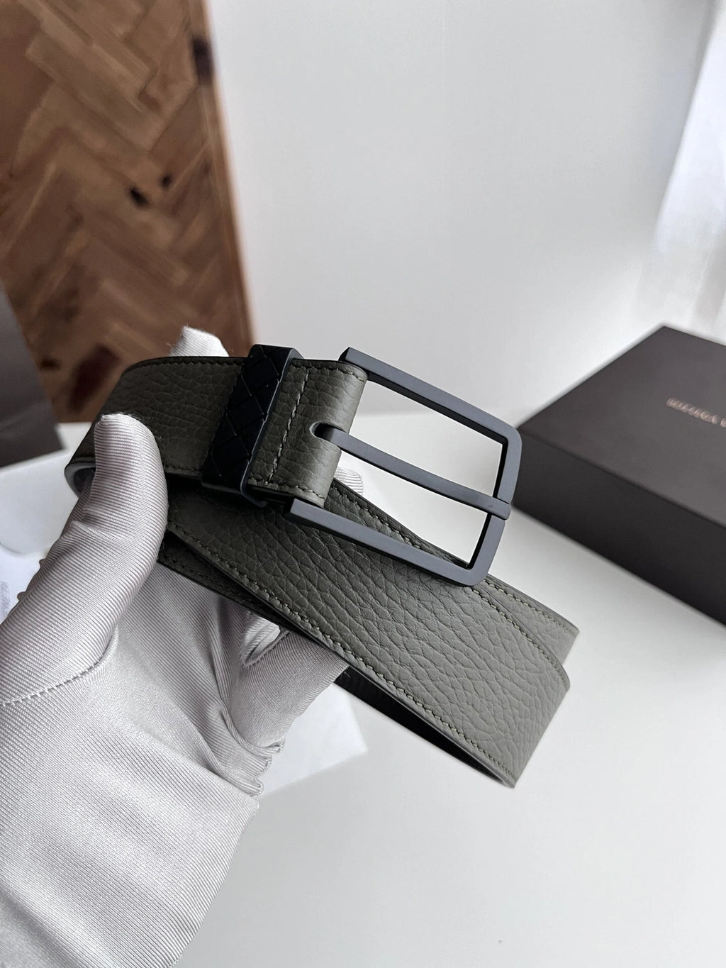Olive green premium leather belt with matte black buckle