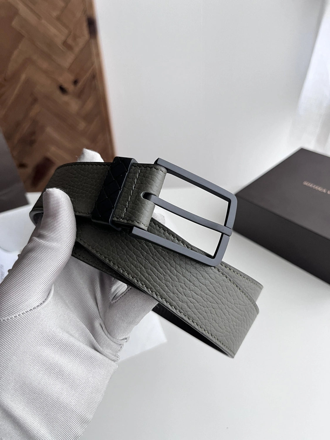 Olive green premium leather belt with matte black buckle