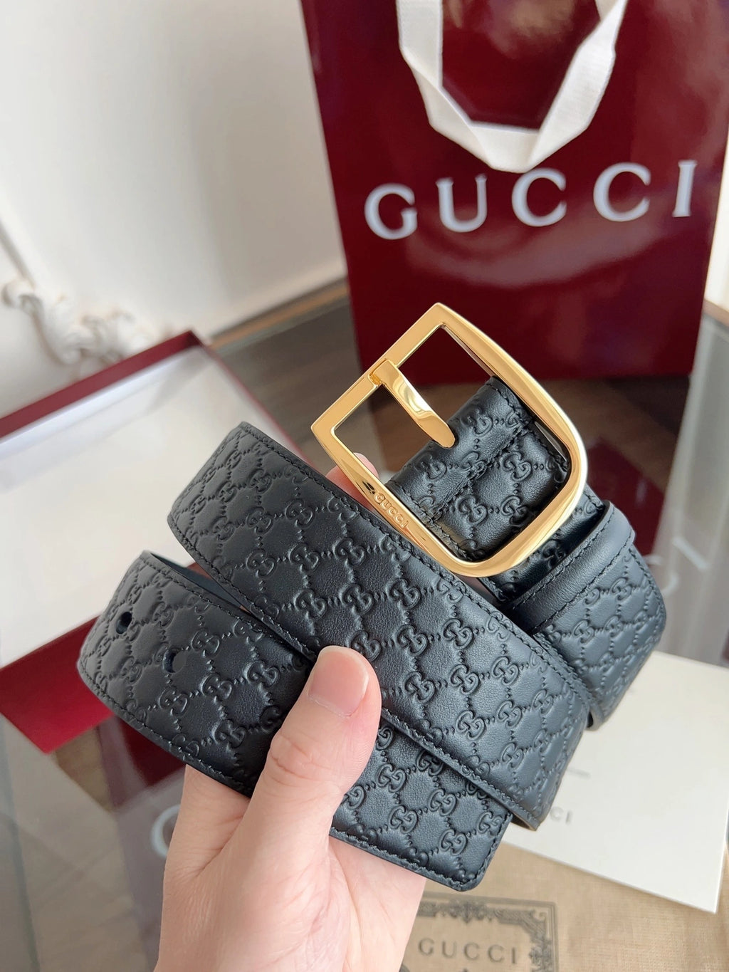 Gucci Signature Leather Belt with Gold Buckle