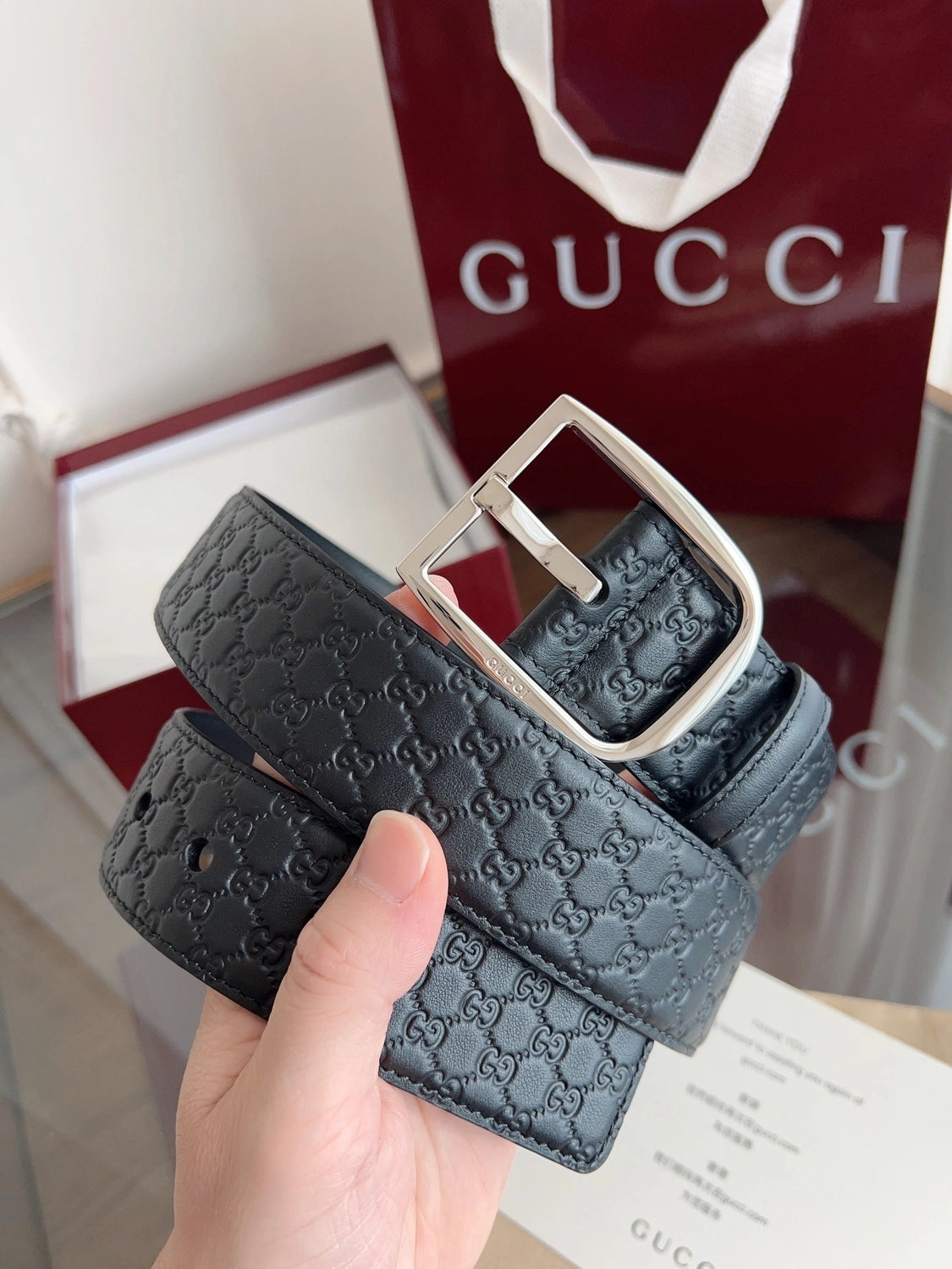 Gucci Signature Leather Belt with Silver Square Buckle