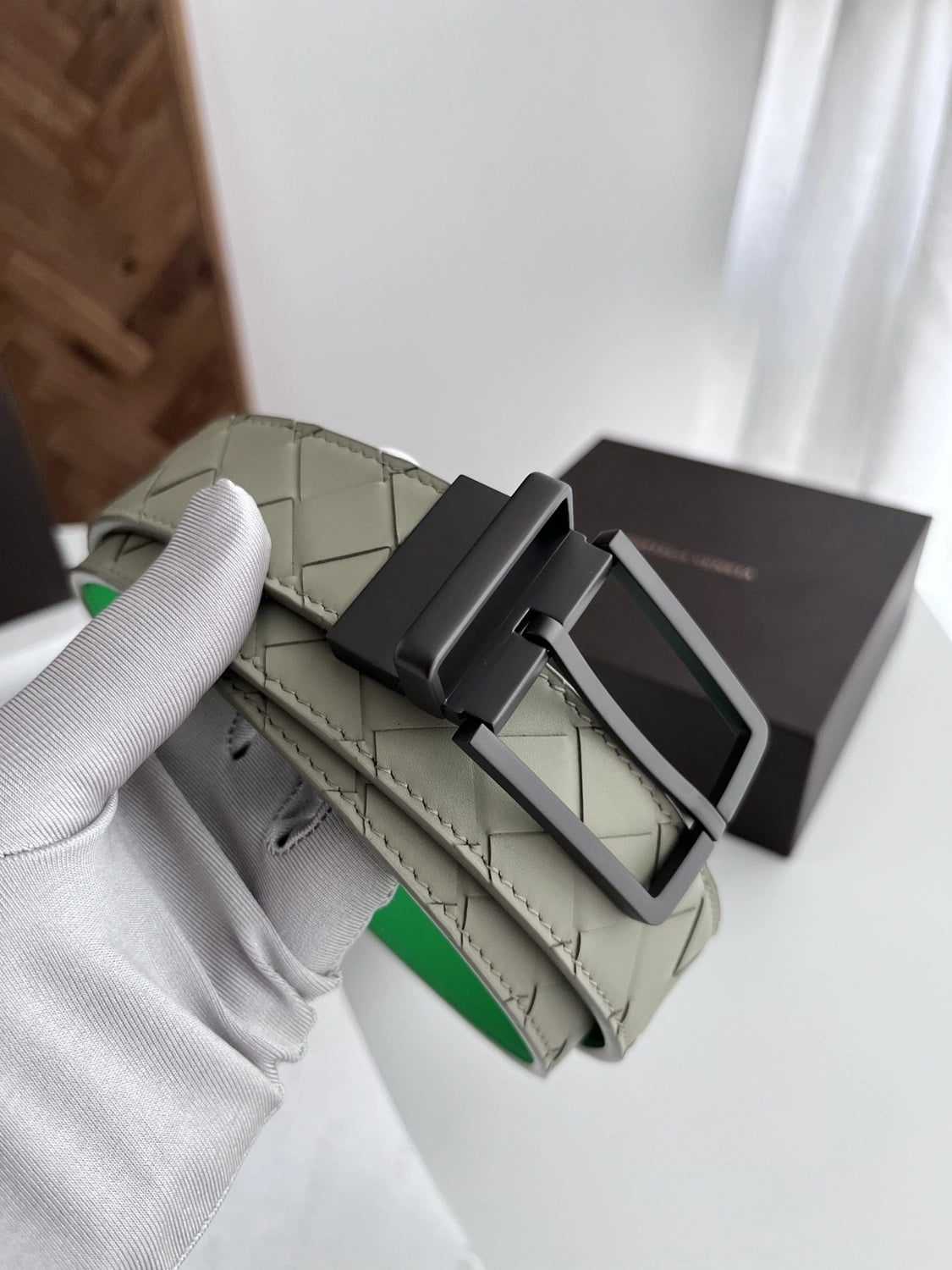 Premium Olive Green Woven Leather Belt with Black Buckle