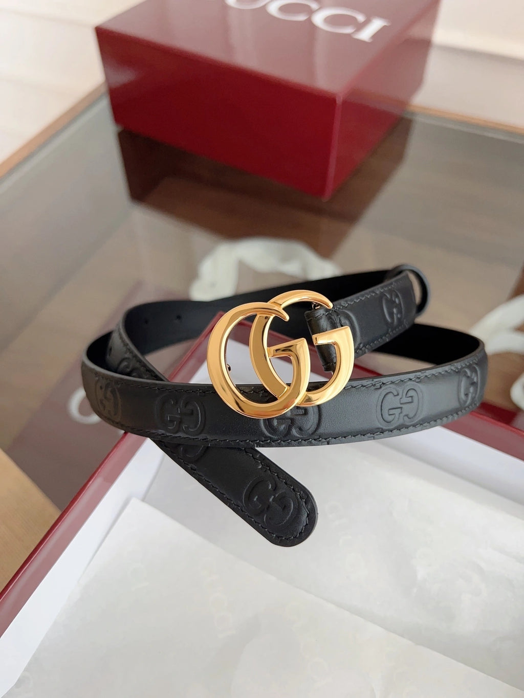 Premium Black Leather Belt with Gold GG Buckle