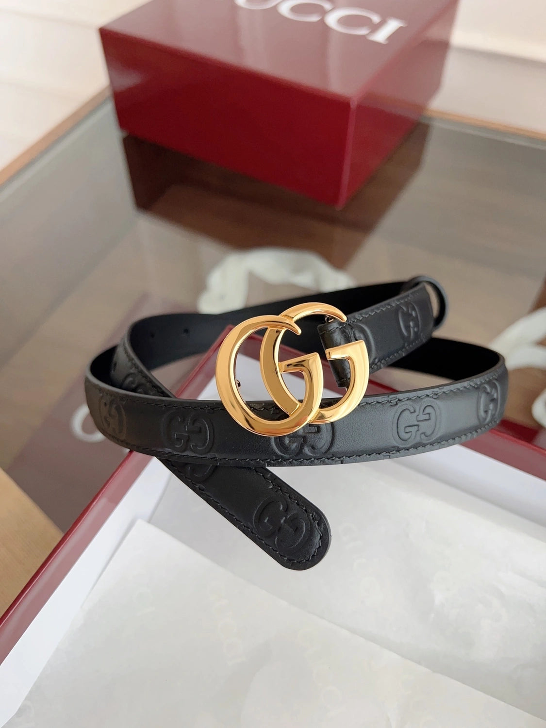 Premium Black Leather Belt with Gold GG Buckle