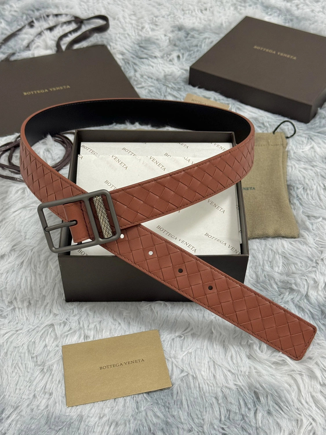 Bottega Veneta Premium Leather Woven Belt in Cognac