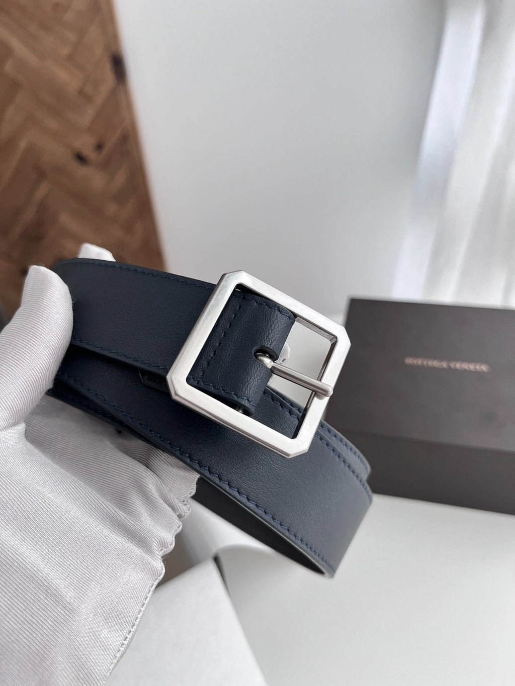 Premium Navy Blue Leather Belt with Square Buckle