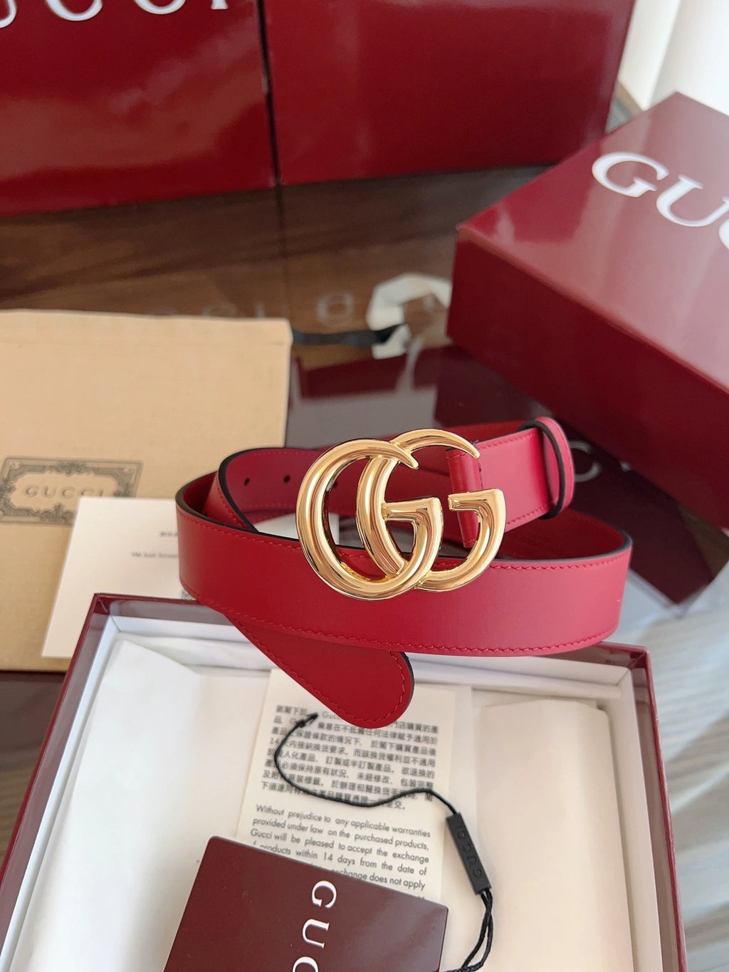 Red Leather Belt with Gold GG Buckle