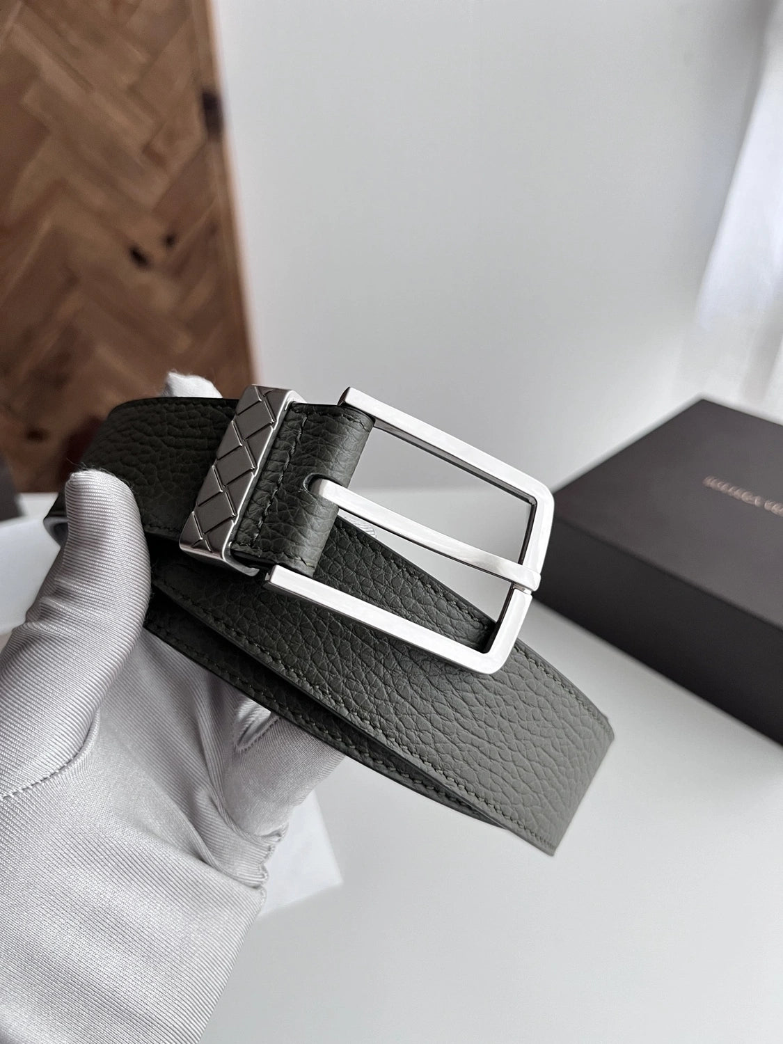 Premium Olive Green Leather Belt with Woven Buckle Detail