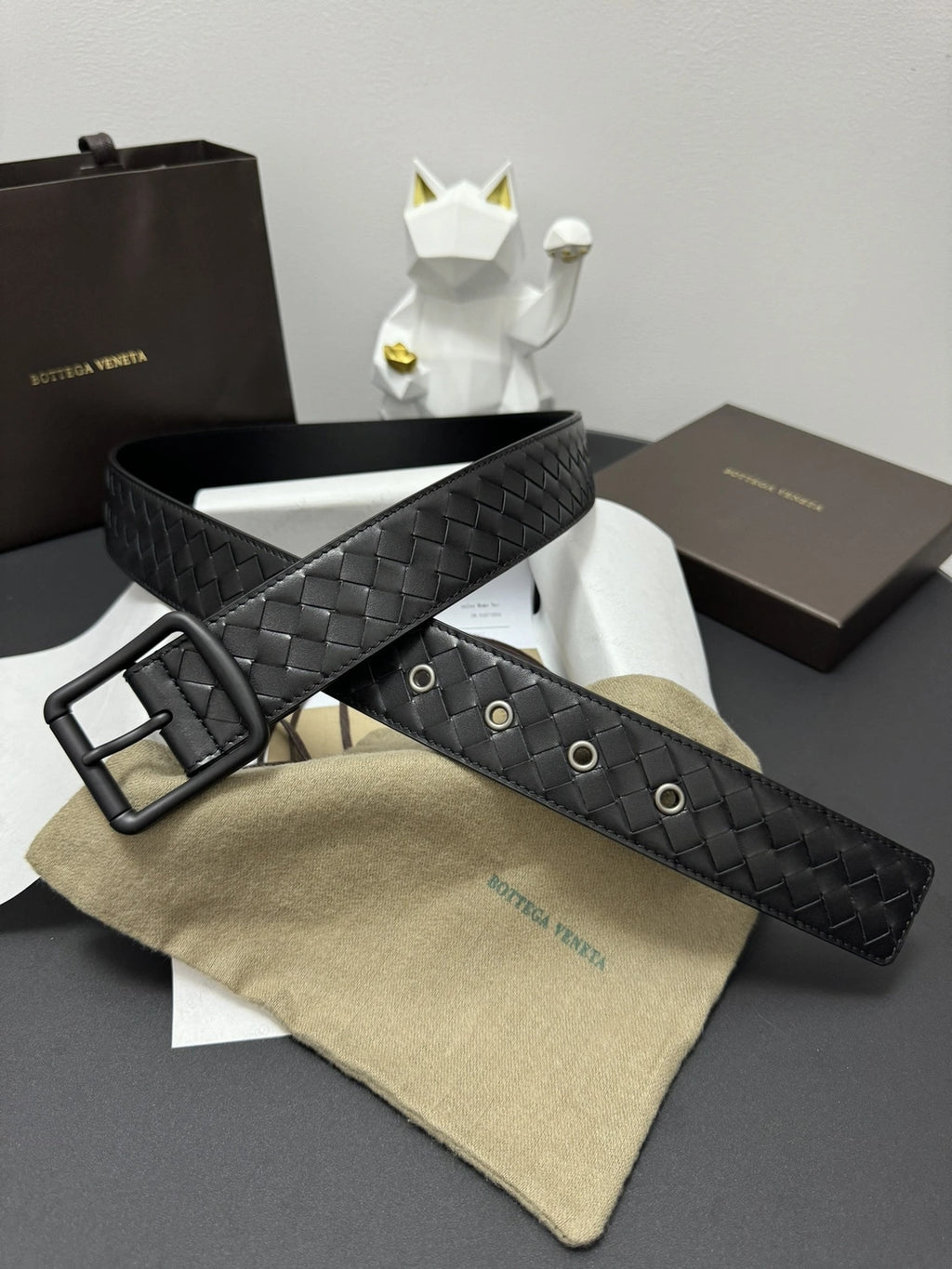 Bottega Veneta Premium Woven Leather Belt in Matte Black