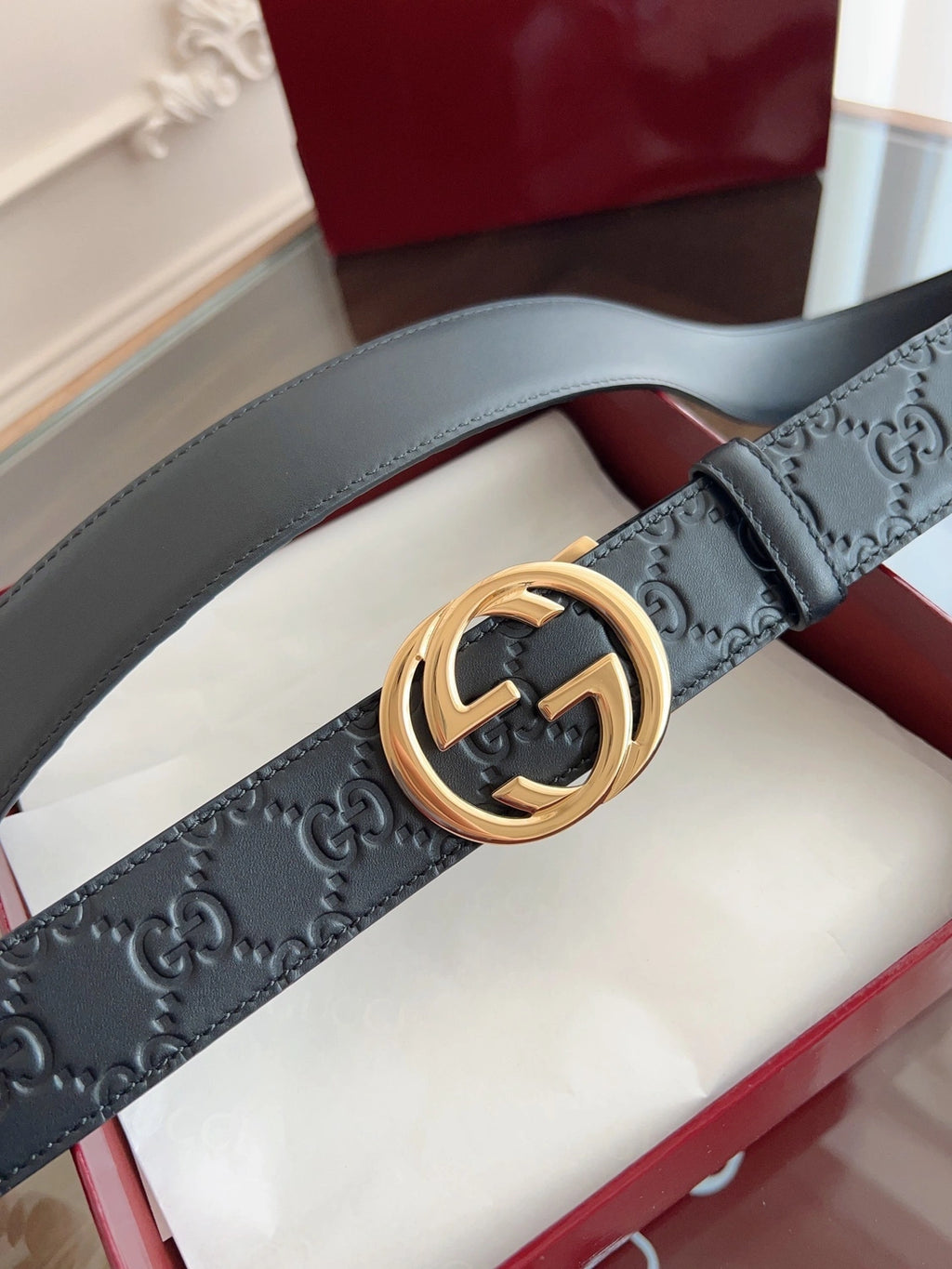 Black Premium Leather Belt with Gold Interlocking G Buckle