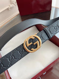 Black Premium Leather Belt with Gold Interlocking G Buckle