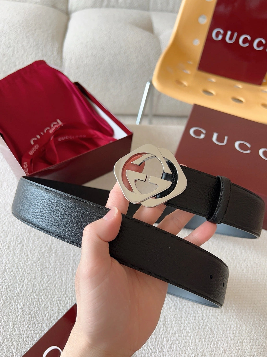 Gucci Premium Leather Belt with GG Logo Buckle