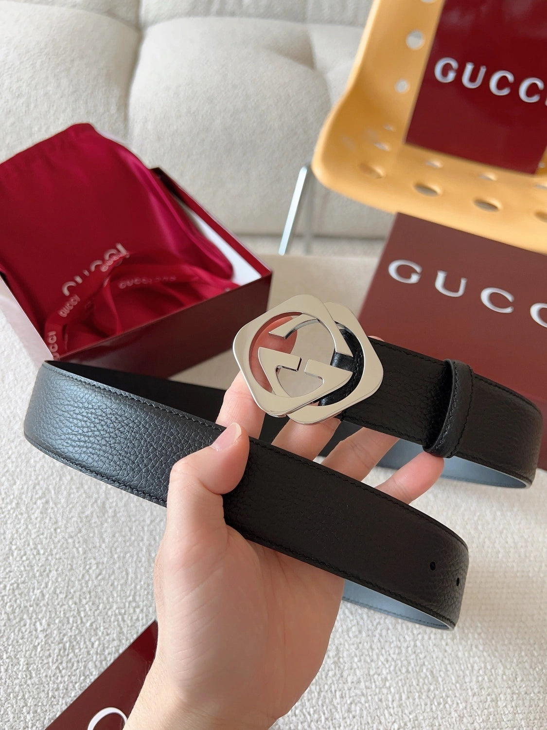 Gucci Premium Leather Belt with GG Logo Buckle
