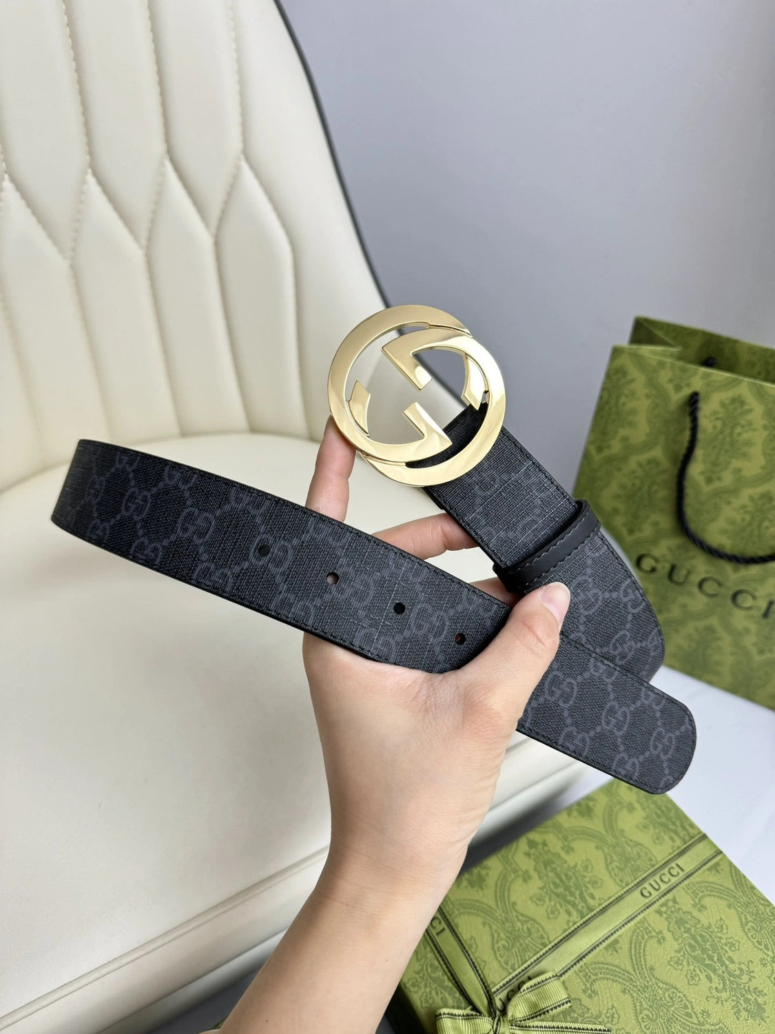 Gucci Inspired Premium Leather Belt with Gold Interlocking G Buckle