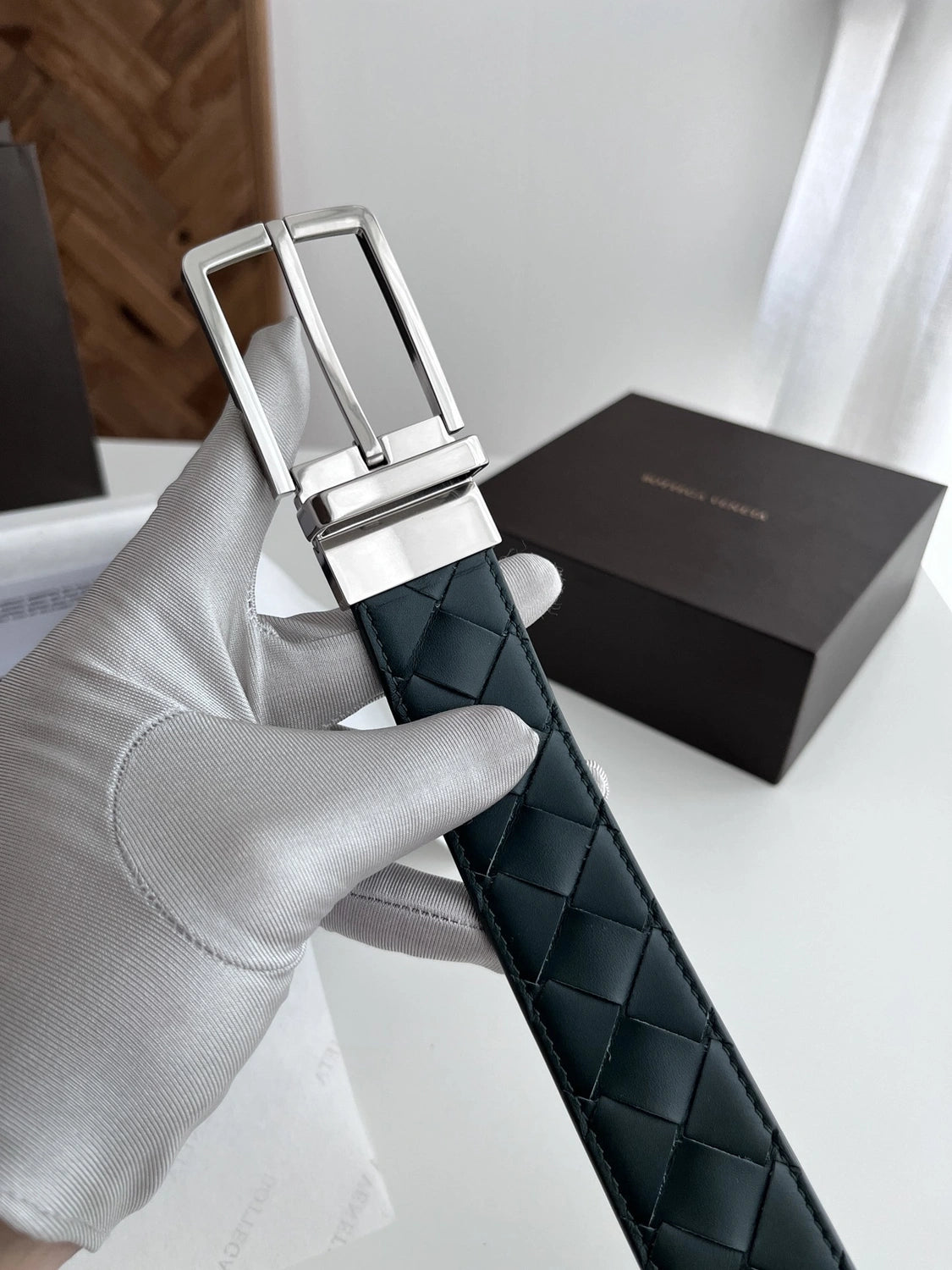Premium Woven Dark Green Leather Belt with Silver Buckle - Hình 2