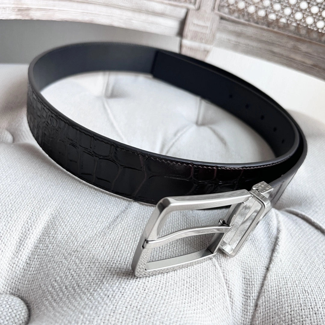 Premium Crocodile Embossed Leather Belt with Reversible Buckle - Hình 2