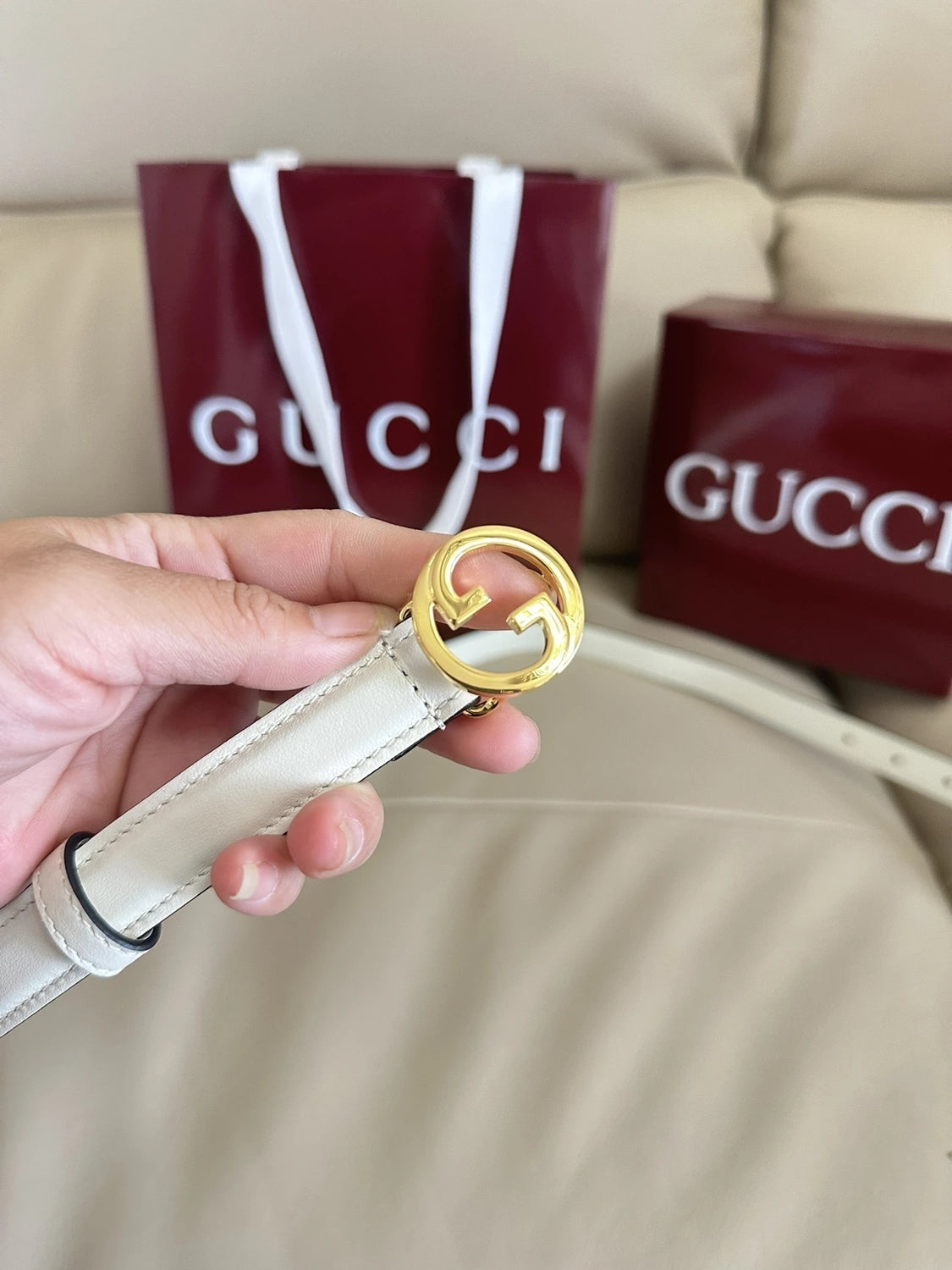 Ivory Leather Belt with Gold Gucci Inspired Buckle - Hình 2