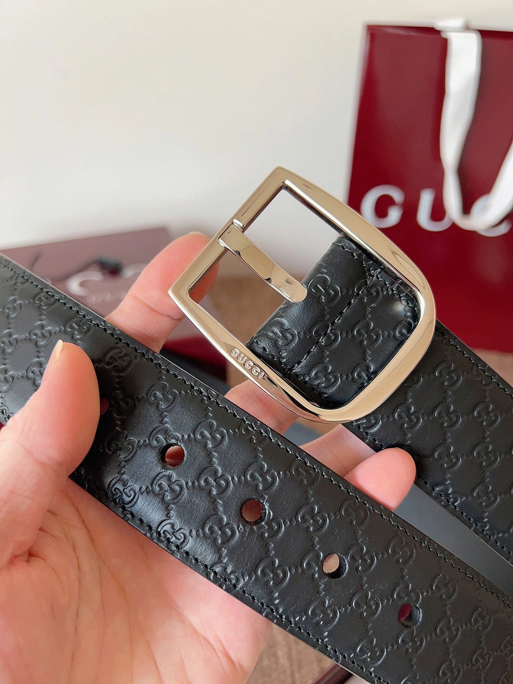 Gucci Premium Leather Belt with Silver Buckle - Hình 2