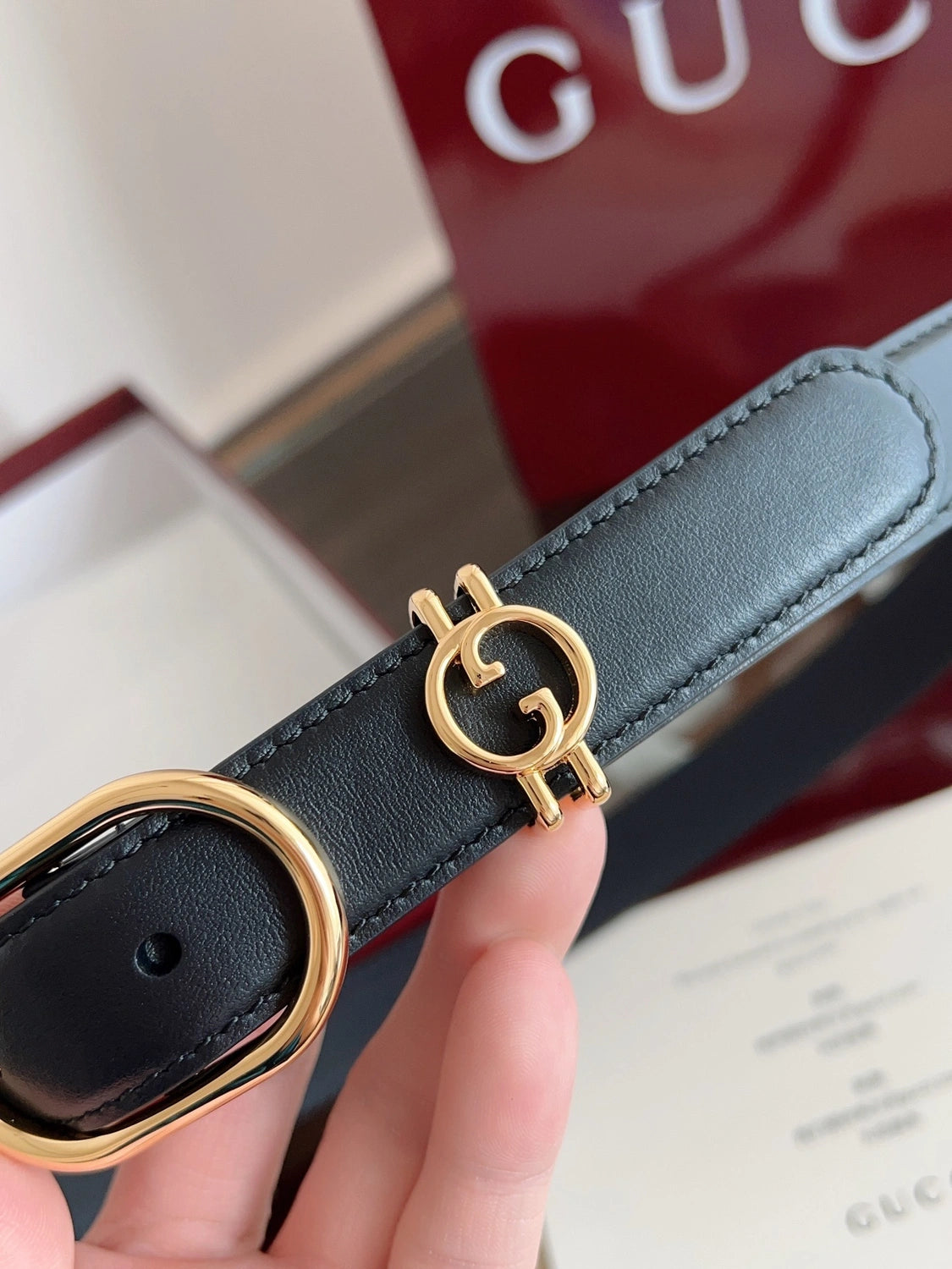 Premium Black Leather Belt with Gold Buckle - Hình 2