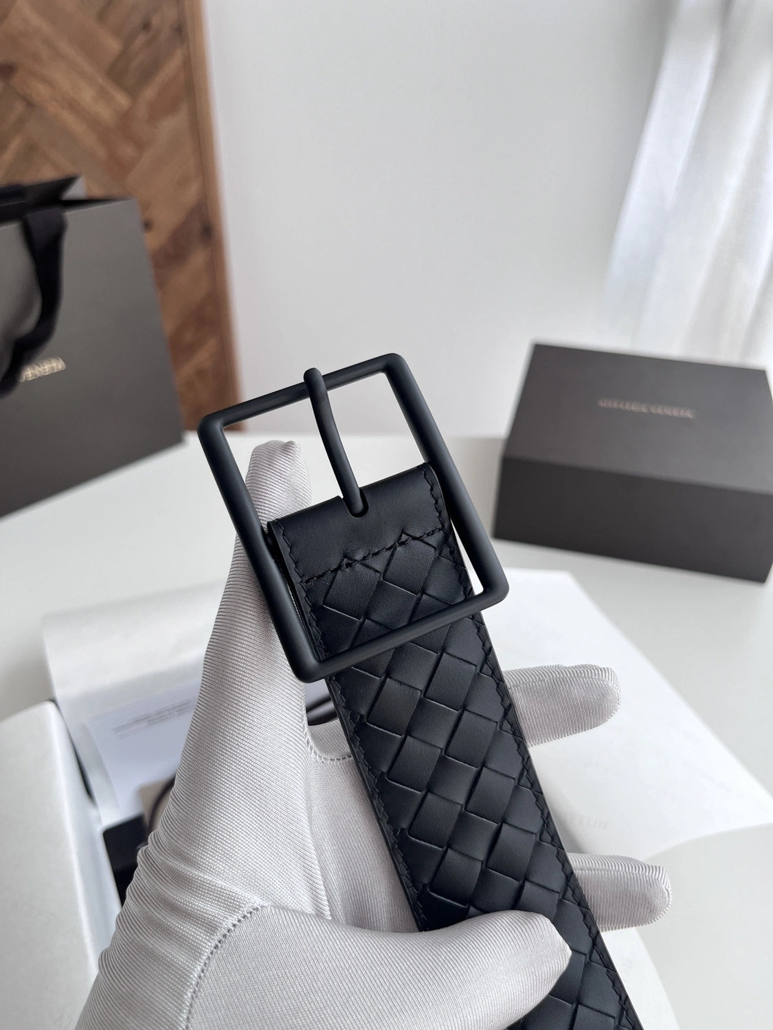 Premium Black Woven Leather Belt with Matte Black Buckle - Hình 2