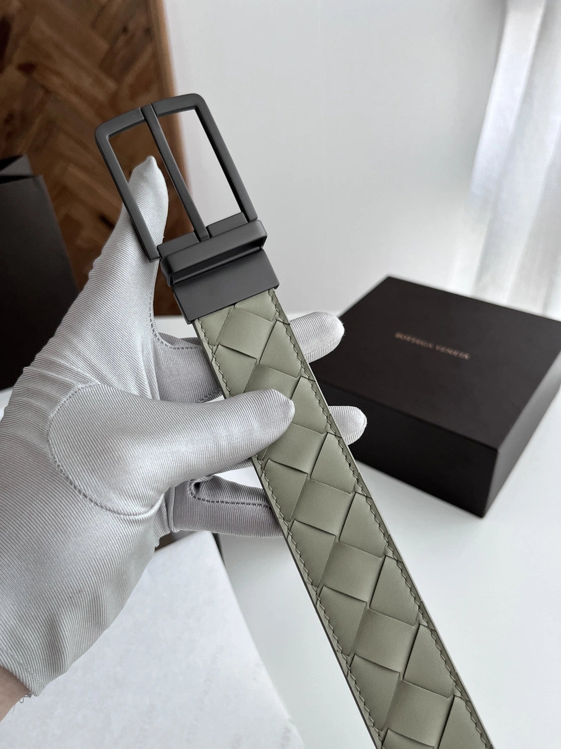 Premium Olive Green Woven Leather Belt with Black Buckle - Hình 2