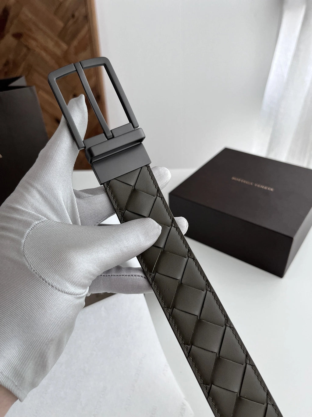 Premium woven leather belt, reversible olive green and burgundy - Hình 2