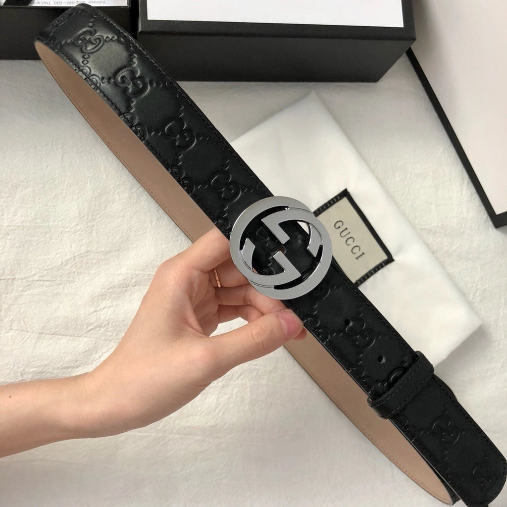 Gucci Black GG Embossed Leather Belt with Silver Buckle - Hình 2