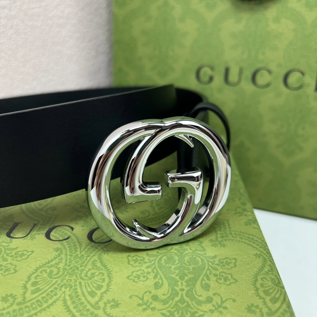 Premium blue pattern leather belt with gold buckle - Hình 2